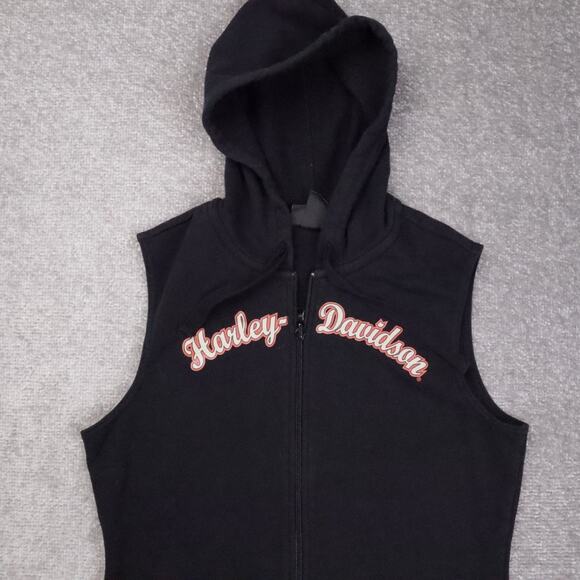 Womens Harley Davidson Medium Black Sleeveless Full Zip Hooded Vest - Picture 6 of 9